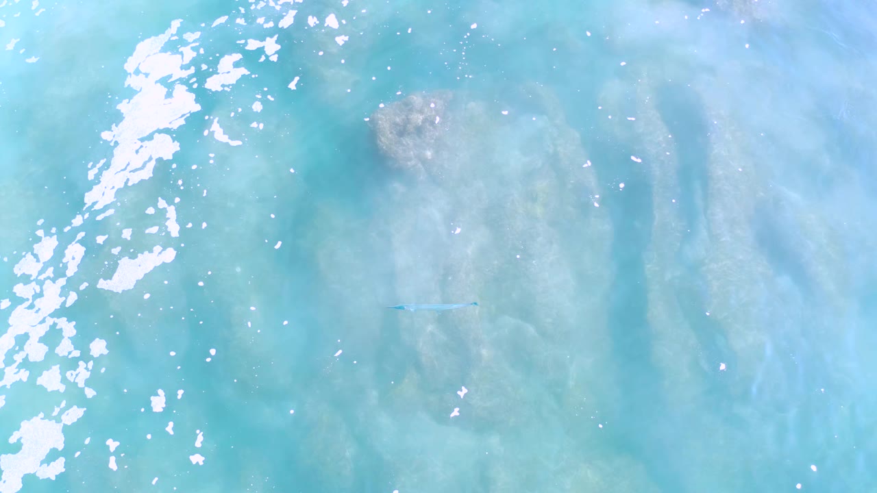 Overhead Los Cabos water frame with a larger white foam streak entering from the left, pale blue shallows, brown coral below the surface, and no visible people.