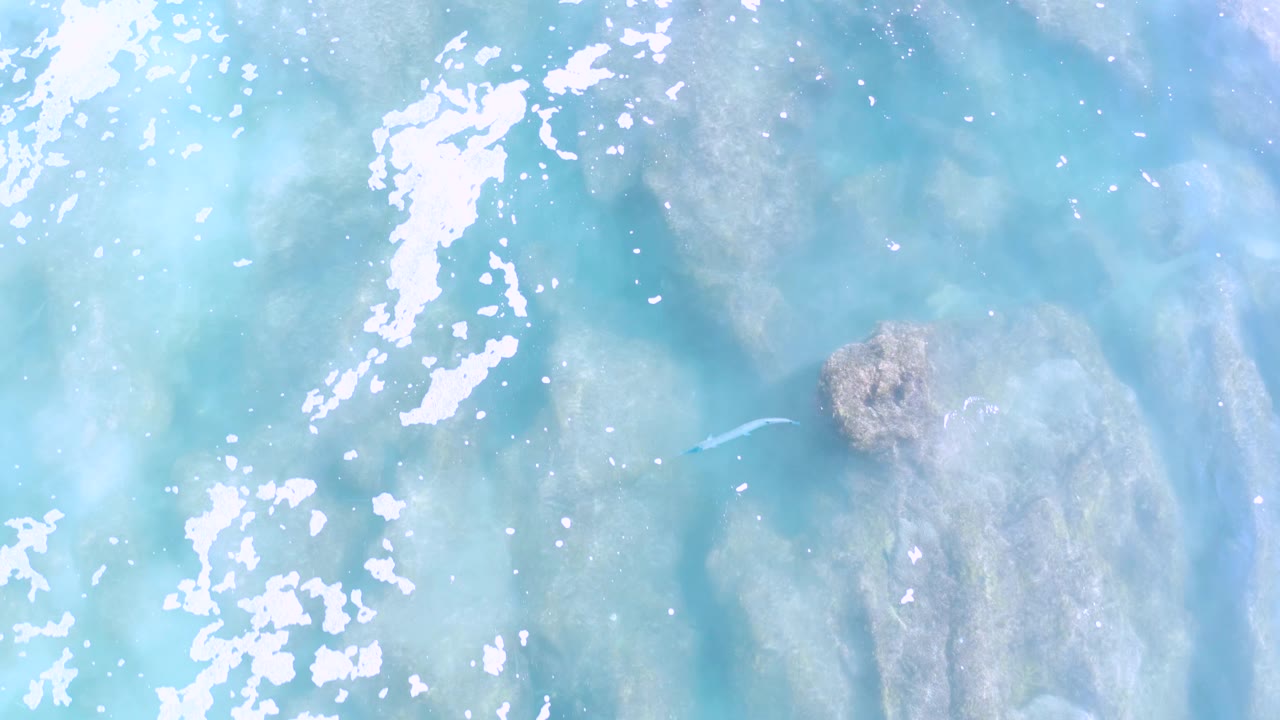 Blue-green ocean water fills the shot, with a small rounded rock near the upper left, milky shallow-water color shifts, and no visible people.