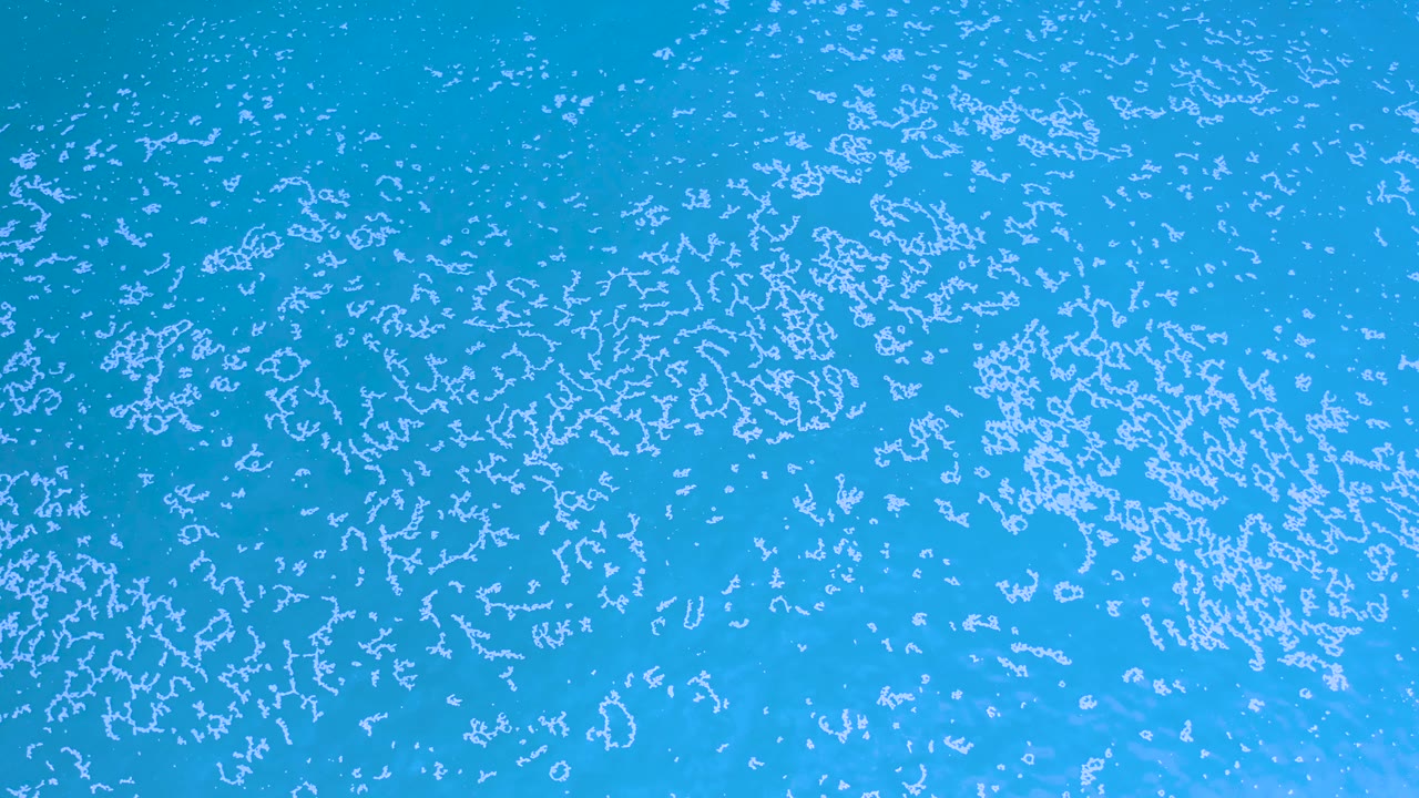 Deep blue ocean water in Los Cabos, Mexico, with pale foam clusters drifting across the top-down view and no visible people.