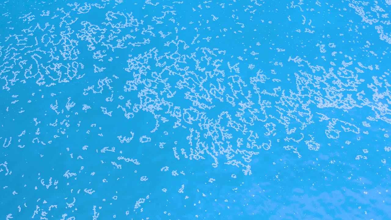 Top-down view of bright blue ocean in Los Cabos, Mexico, with denser white foam clusters across the upper part of the frame and no visible people.