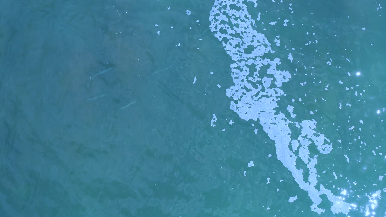 Blue-green water with diagonal white foam and sun glints.