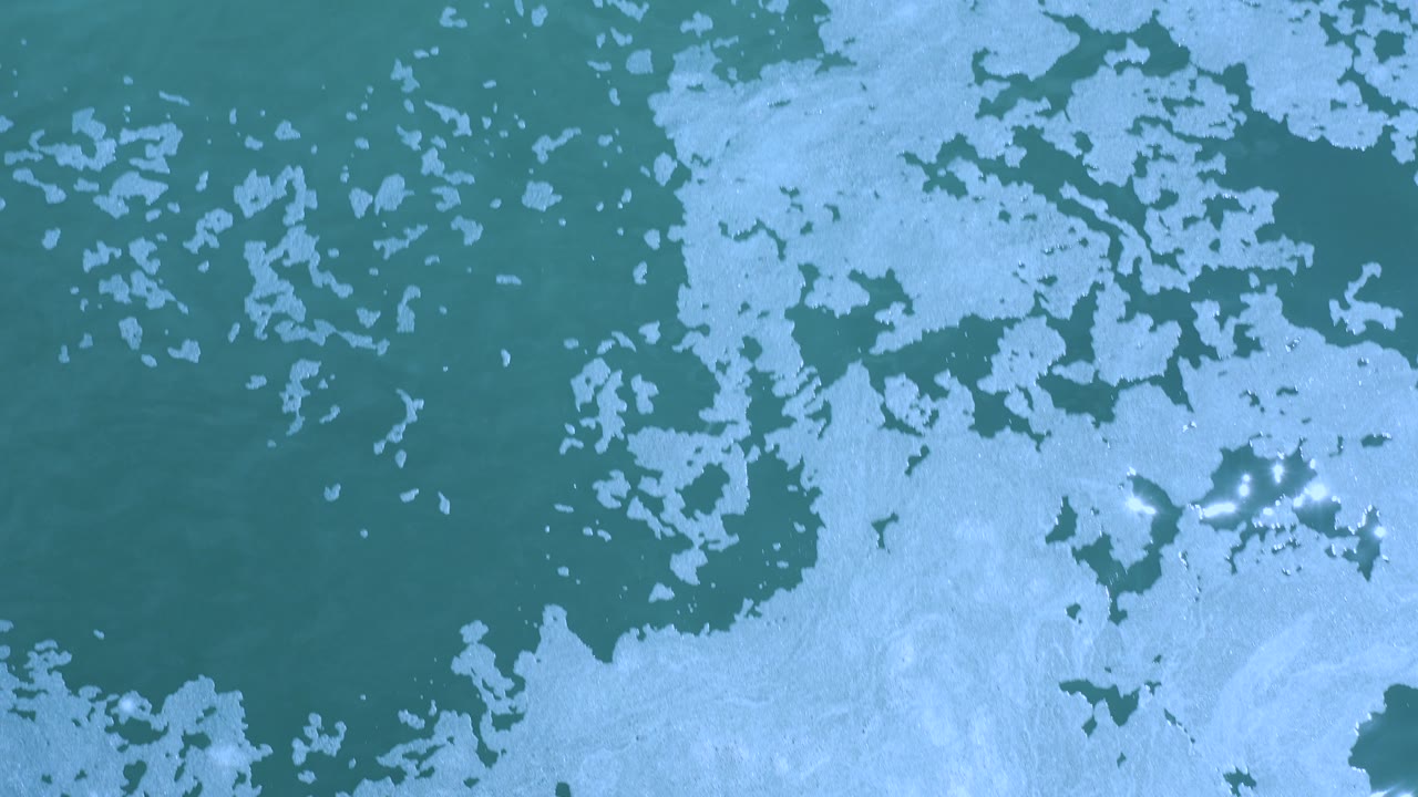 Overhead blue water with pale foam patches.