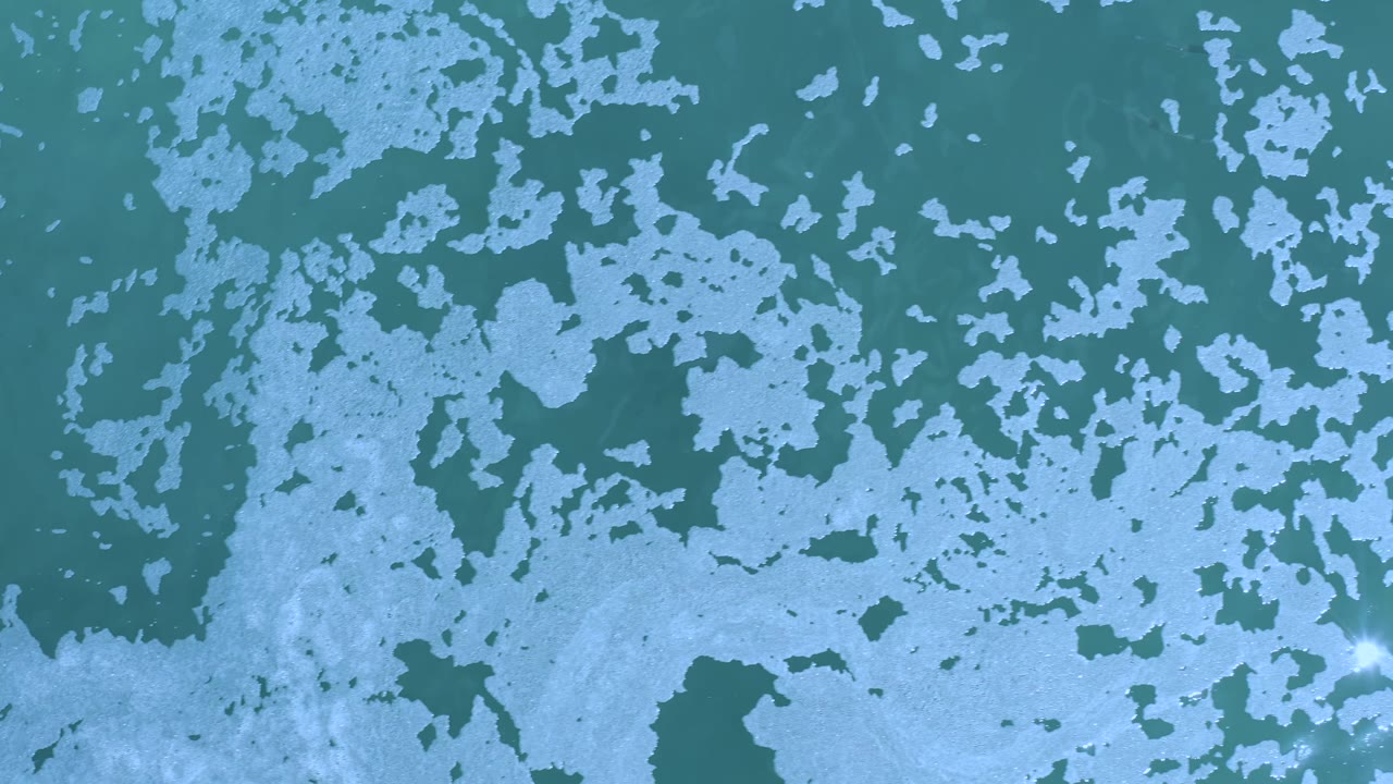Overhead Los Cabos water surface with dense pale particle clusters, teal-green color, a bright lower-right sparkle, and no visible people.