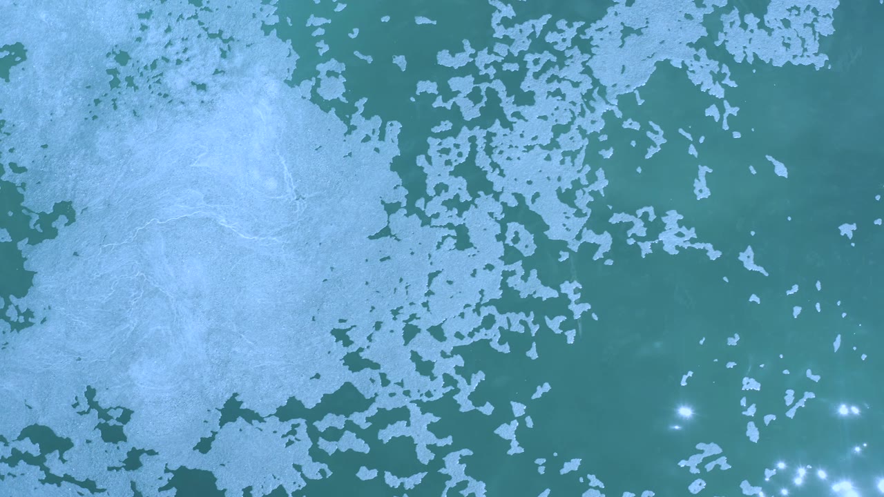 Seafoam sheet and teal water seen from directly above