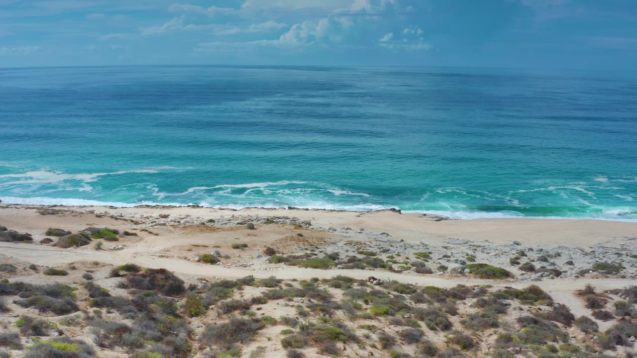 Ocean horizon over beach dunes and breaking waves