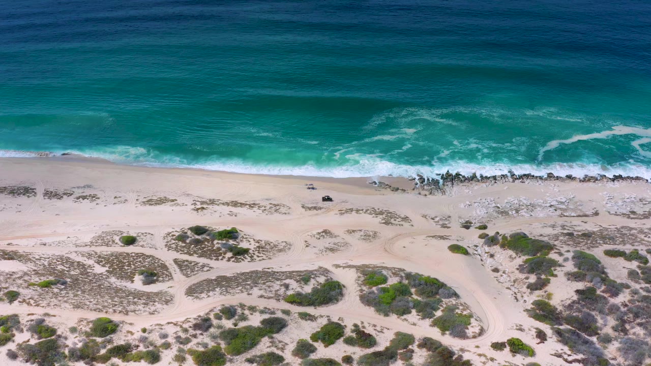 Aerial view of turquoise waves reaching a sandy beach with coastal bushes.