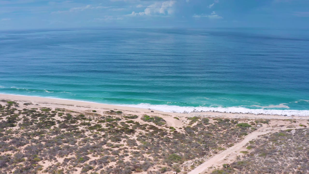 Aerial Los Cabos beach frame with the horizon high, turquoise water near shore, broken white surf, dune scrub, a sandy track, and no visible people.
