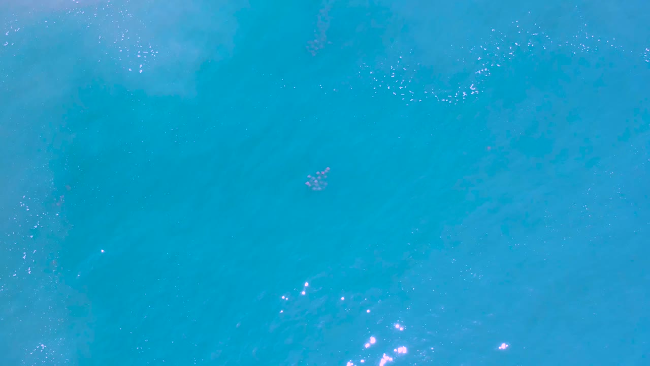 Overhead turquoise ocean water with small foam flecks and sun glints.
