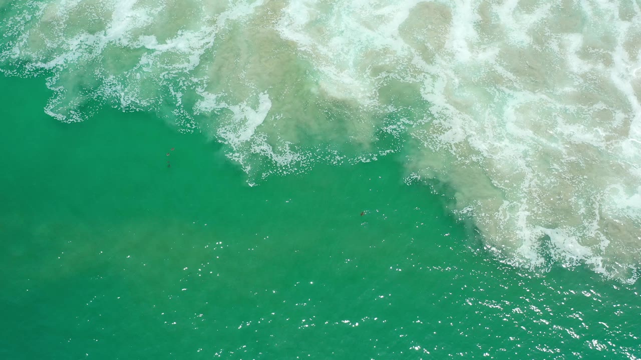 Overhead Los Cabos water frame with a broad white foam band across the top and open green water filling the lower portion, with no visible people.