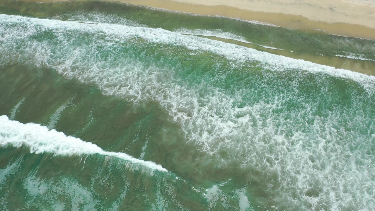Overhead green waves breaking near a sandy beach.