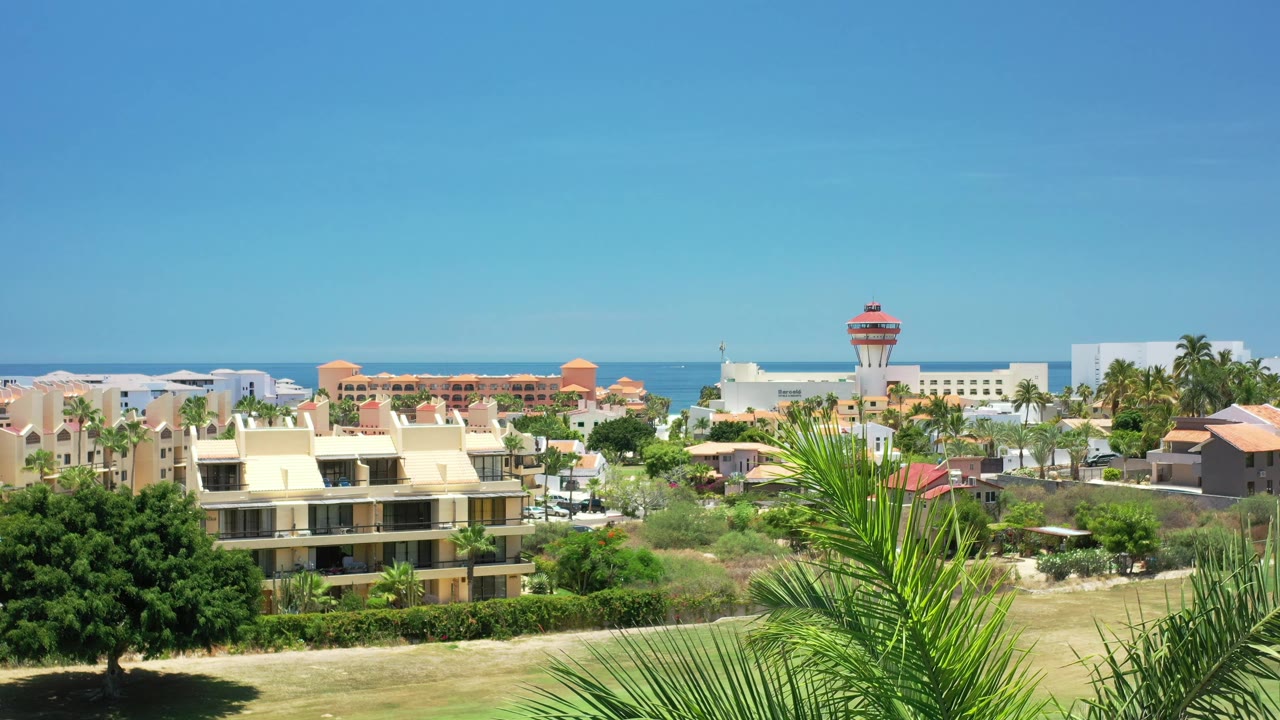 Los Cabos coastal district seen from above with palm fronds in the foreground, hotel-style buildings across the middle distance, and blue ocean behind them, no visible people.