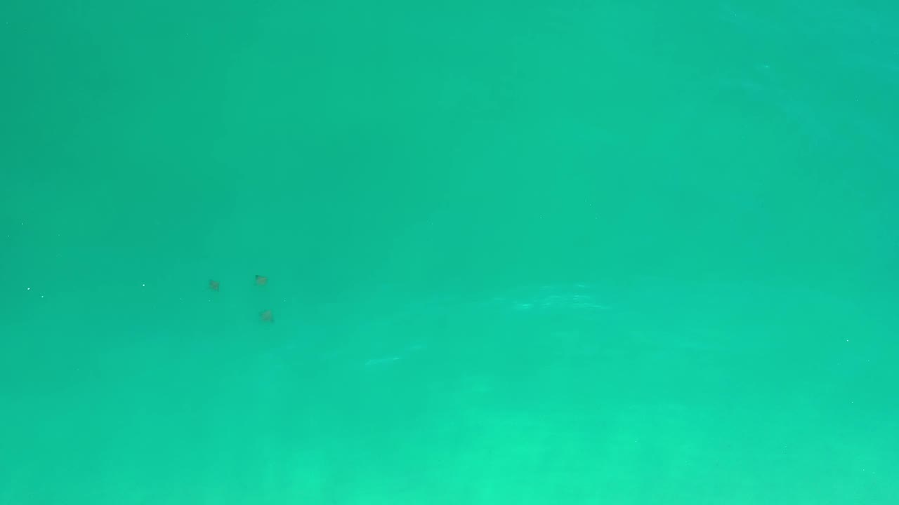 Overhead view in Los Cabos, Mexico, with three small dark objects near the upper left area of blue-green ocean water and no visible people.