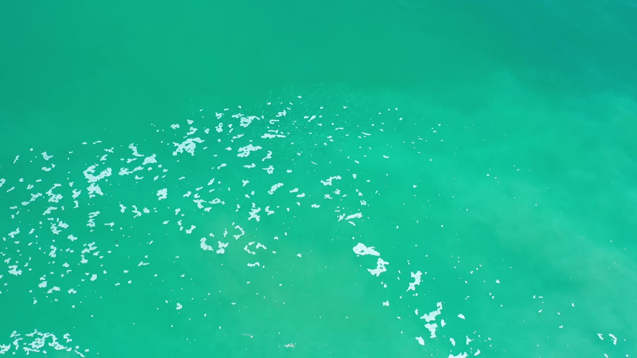 Overhead Los Cabos ocean surface with white foam concentrated along the lower portion, soft green water tones, and no visible people.