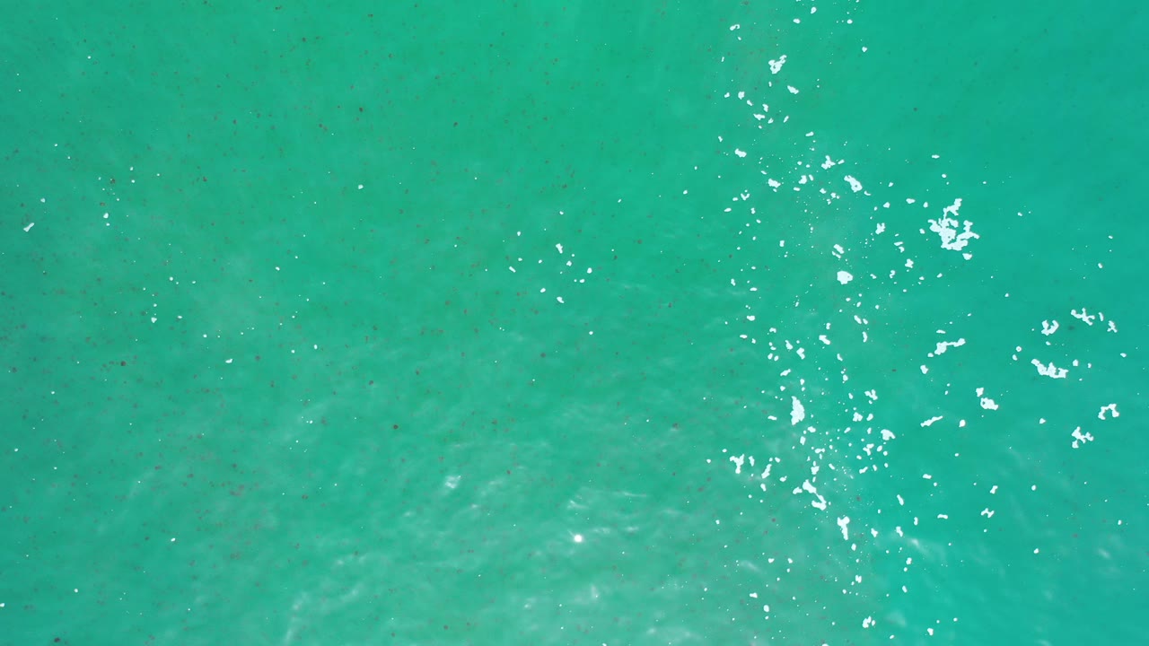 Overhead view of turquoise sea in Los Cabos, Mexico, with a vertical cluster of white foam near center and no visible people.