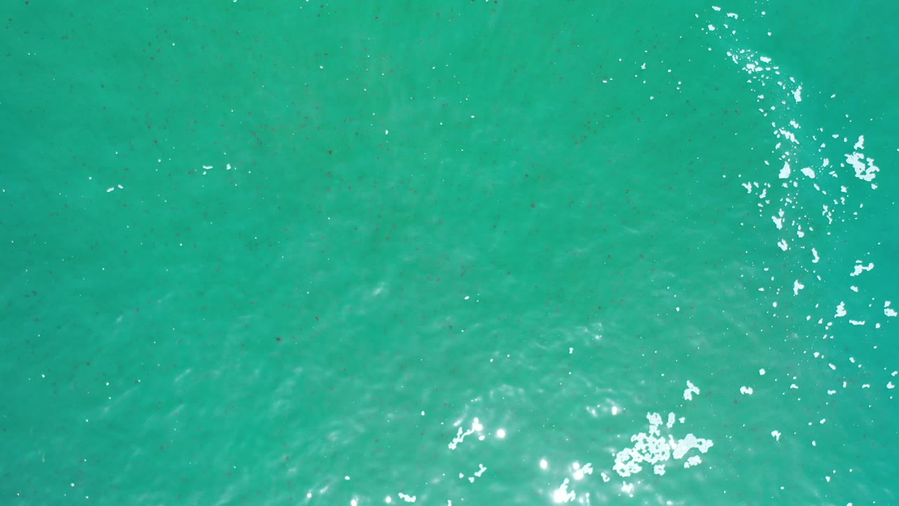 Overhead view of turquoise ocean water in Los Cabos, Mexico, with scattered bright reflections near the lower edge and no visible people.