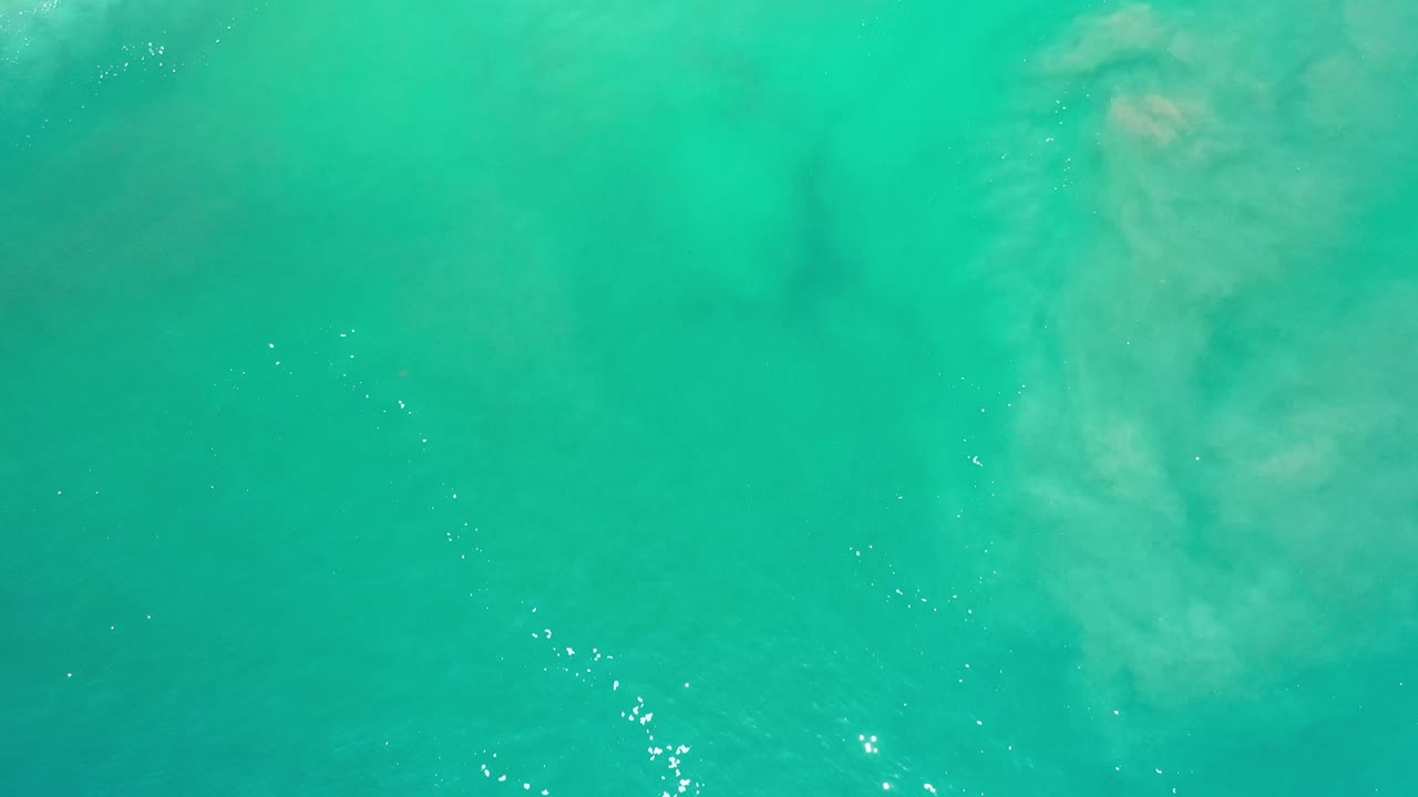 Overhead Los Cabos water frame with cloudy pale shapes below the surface, scattered white specks, and no visible people.