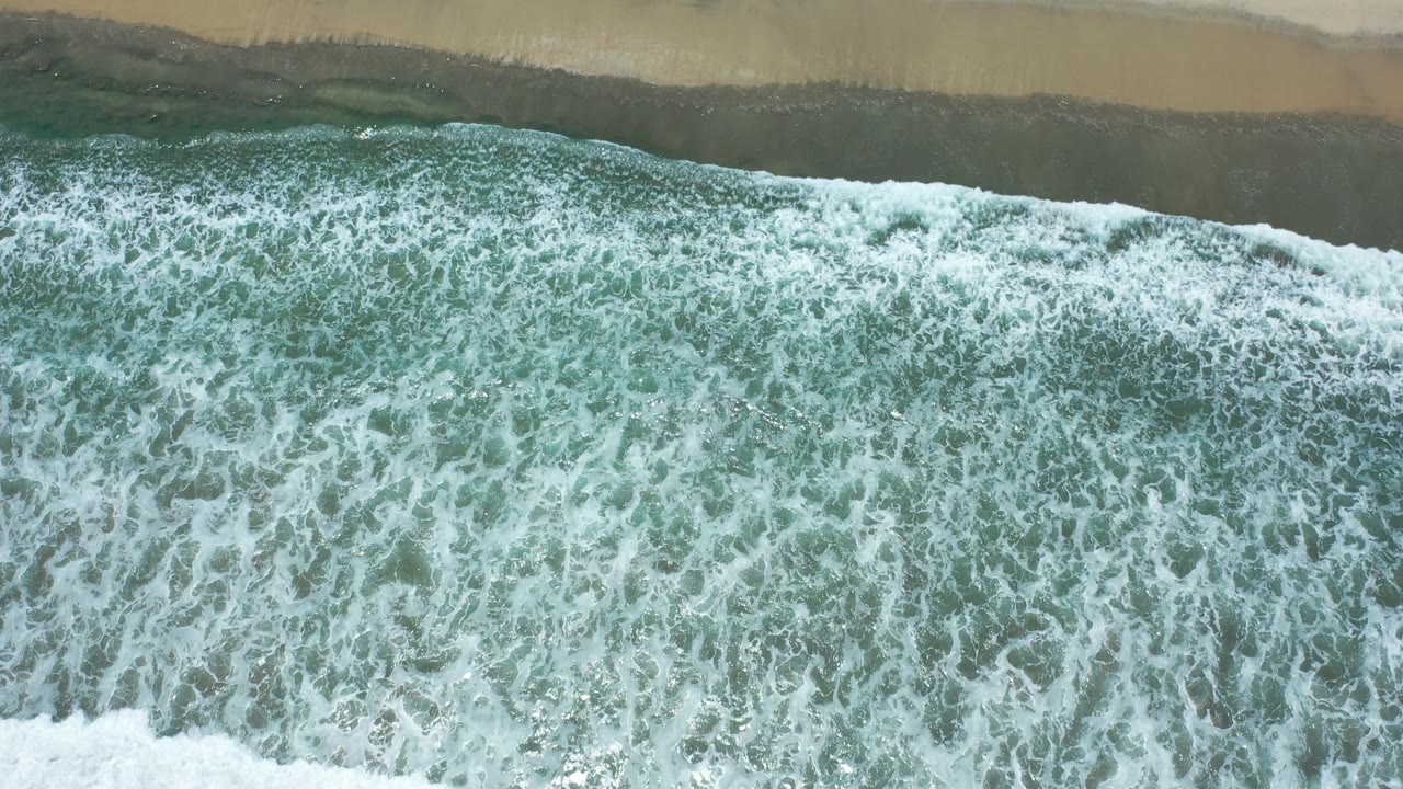 Aerial frame over Los Cabos shoreline with dense white foam spread across green water and a darker wet-sand band at the top, no visible people.