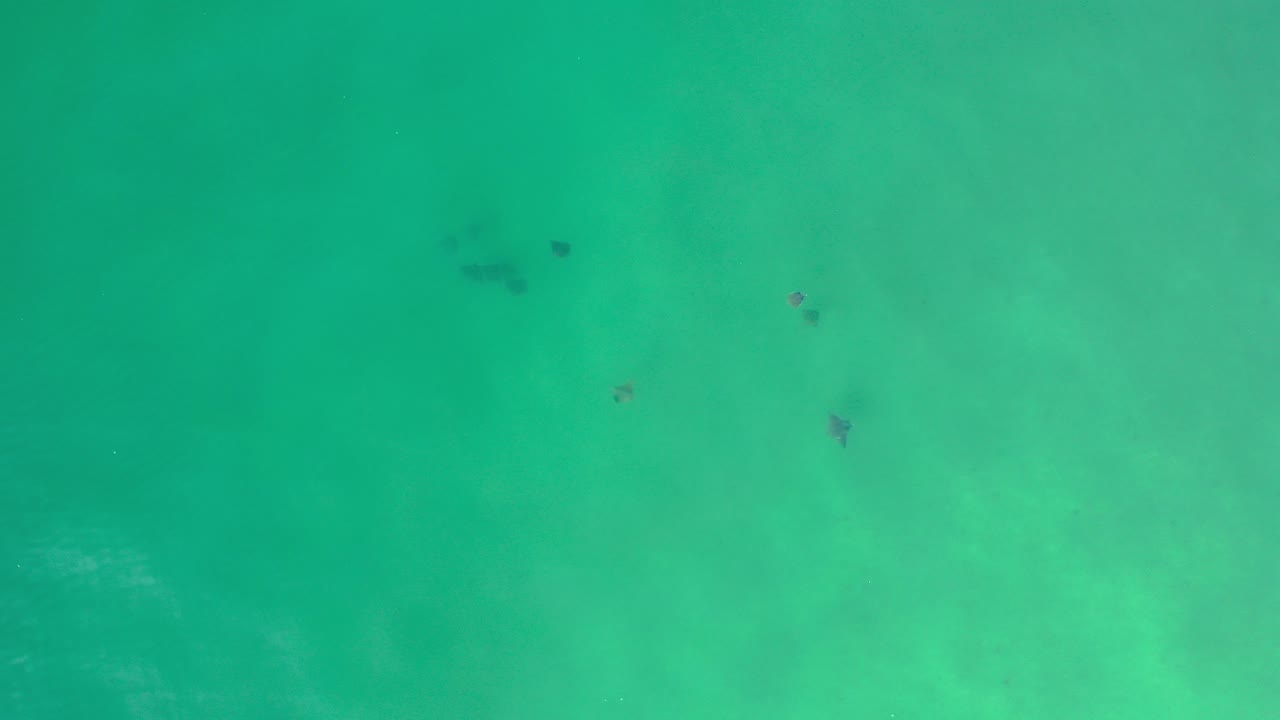 Overhead view of turquoise ocean water in Los Cabos, Mexico, with faint darker underwater patches near the upper left and no visible people.