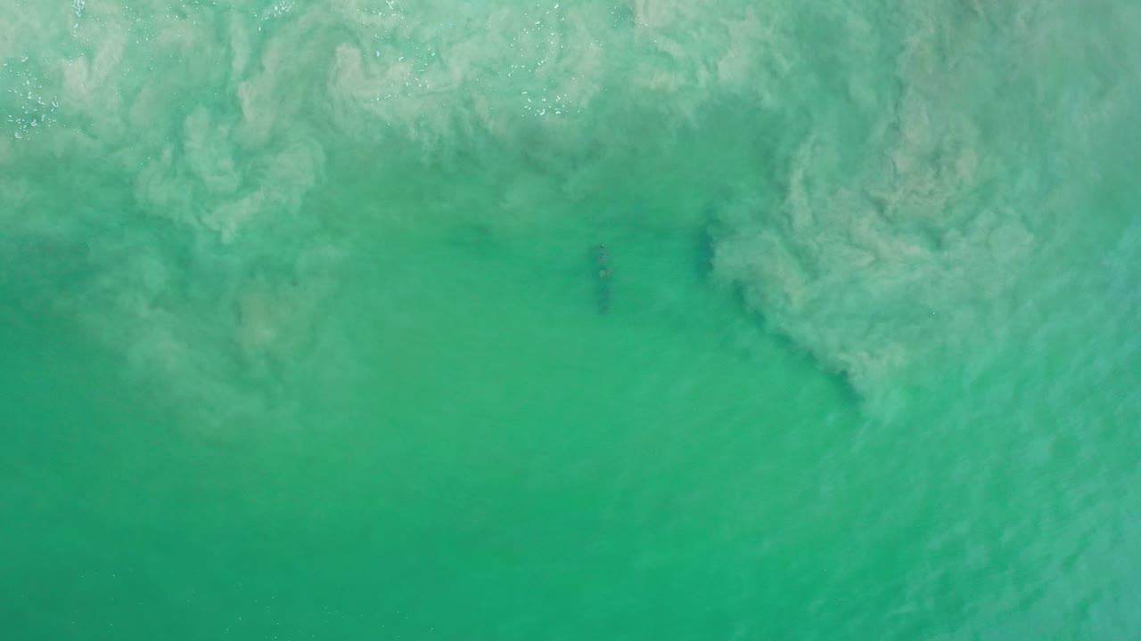 Overhead view of teal Los Cabos water with pale suspended sand near the top of frame and no visible people.