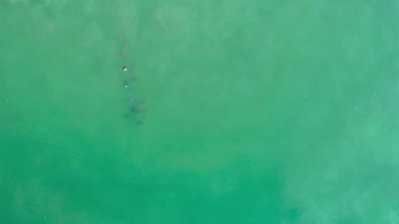 Overhead view of turquoise-green ocean water in Los Cabos, Mexico, with faint pale sand patterns under the surface and no visible people.