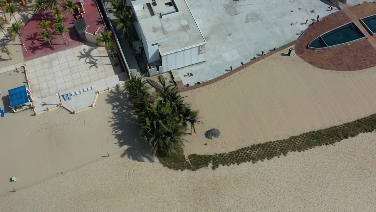 Overhead Los Cabos view of a sandy beach edge, palm cluster, white building roof, small pool, and tiny distant people near the upper walkway.