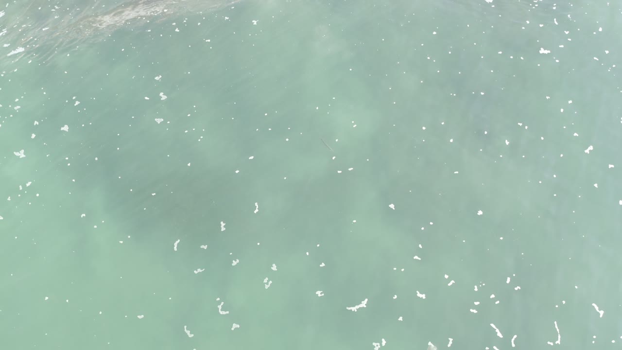 Overhead view of pale gray-green ocean water in Los Cabos, Mexico, with small white foam flecks across the surface and no visible people.
