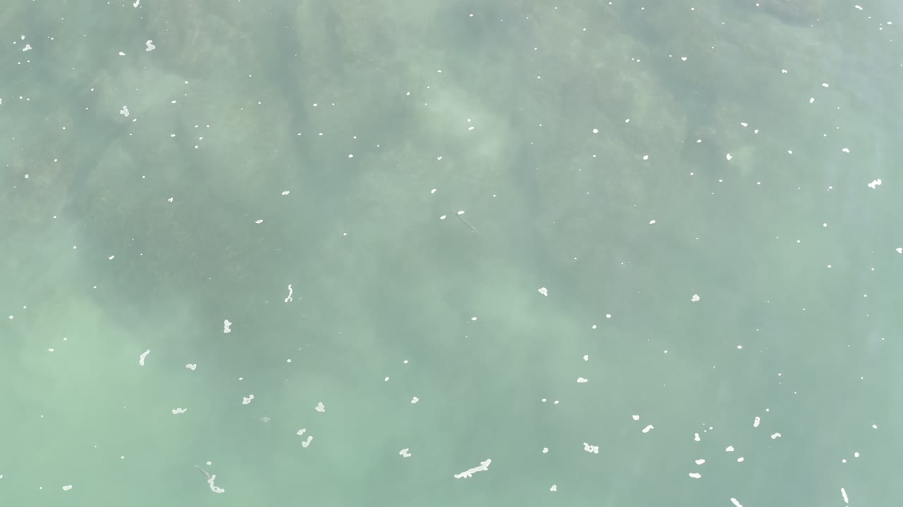 Overhead ocean surface with small foam marks over blue-green water.