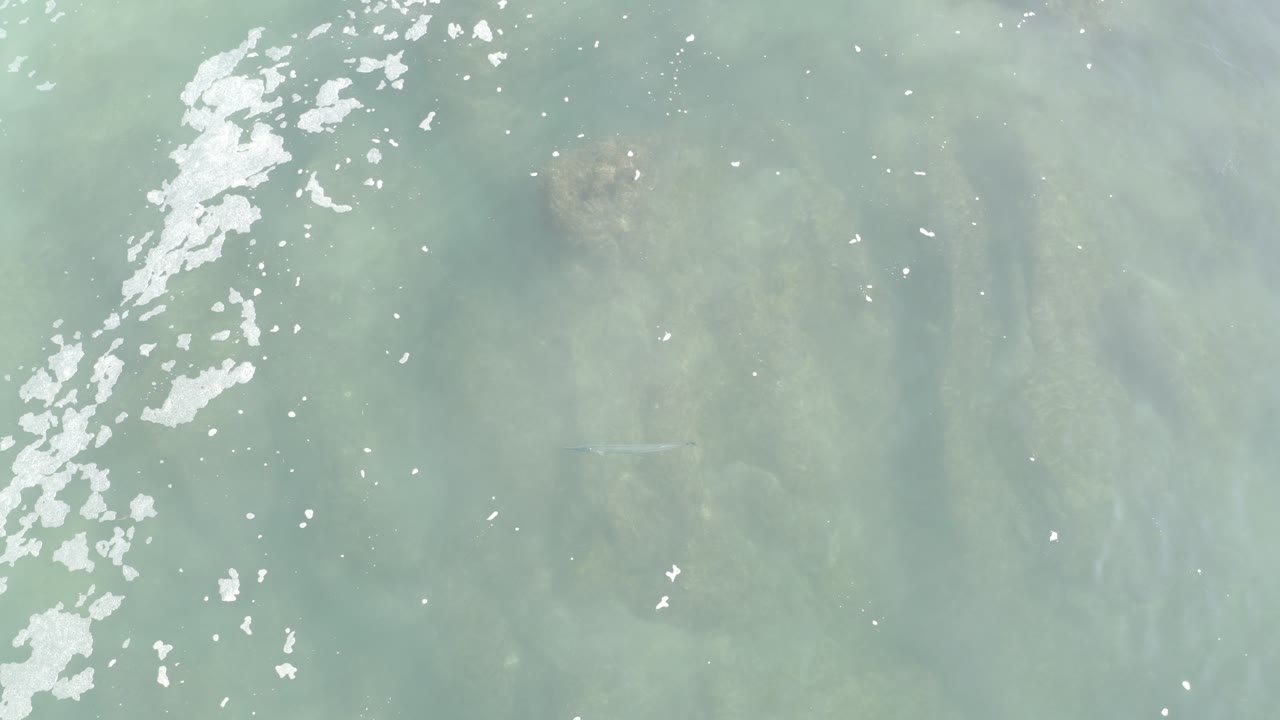 Top-down view of turquoise ocean in Los Cabos, Mexico, with white seafoam along the left side, faint submerged reef shapes, and no visible people.