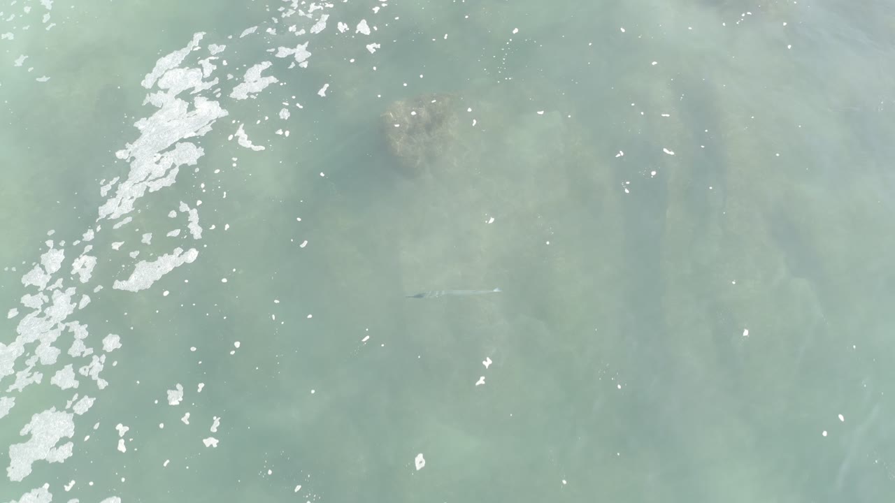 Pale ocean surface with seafoam and faint underwater rocks.