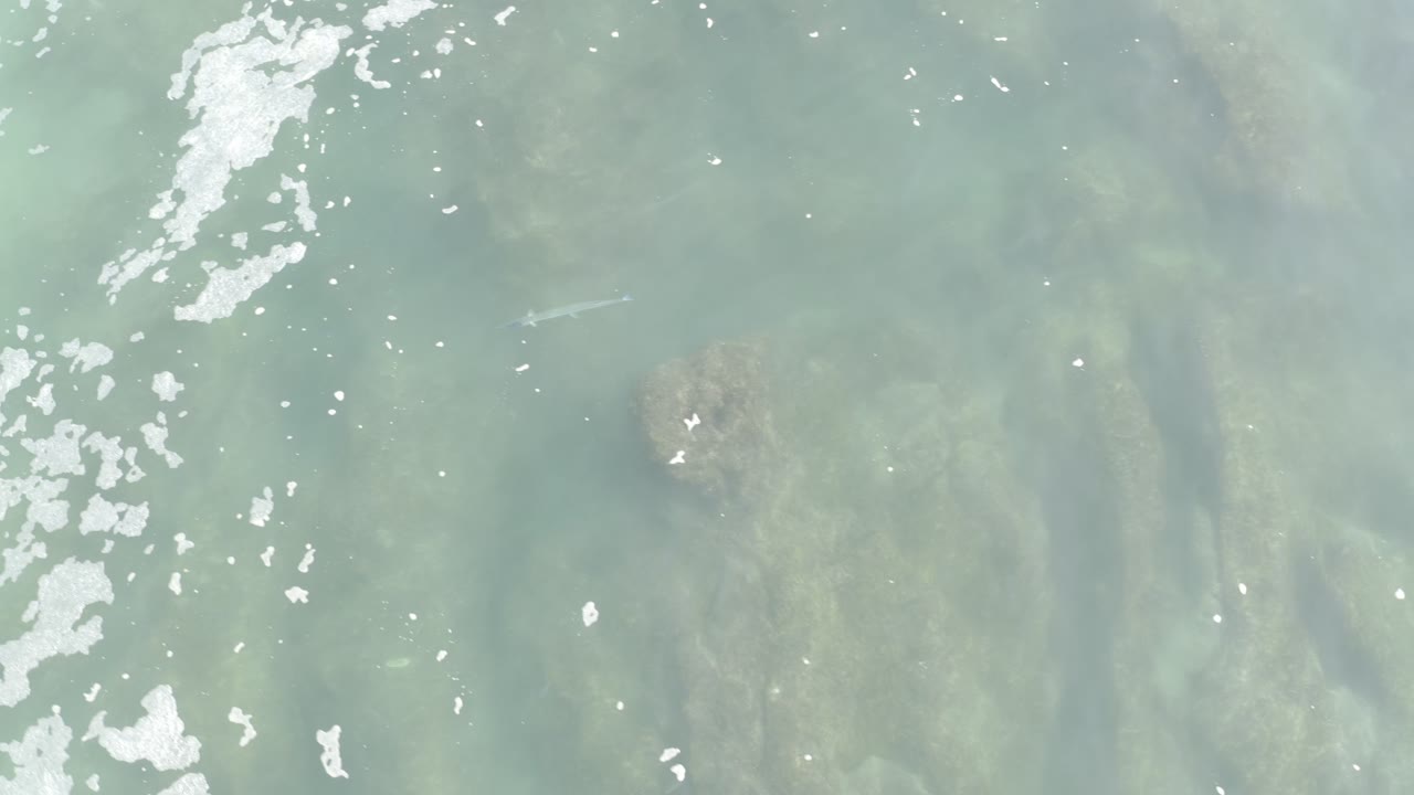 Top-down Los Cabos seawater shows a brighter foam patch near the upper left, muted green-blue water, and broad rock forms visible under the surface with no visible people.