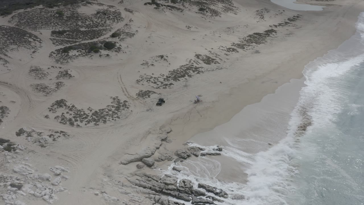 Aerial frame of the Los Cabos shoreline with surf running down the right side, open sand in the center, scrub patches near the top, and no visible people.