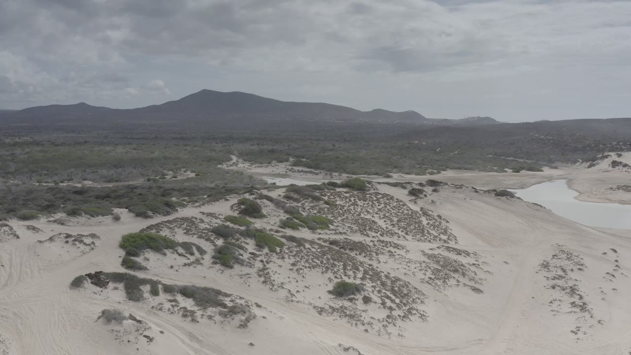 Aerial view of pale dunes, scrubland, water, and distant mountains under clouds.