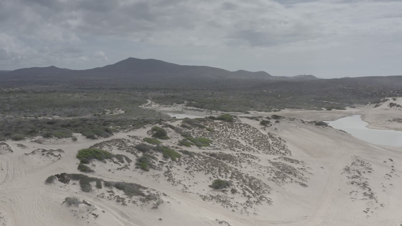 Wide aerial landscape of dunes, scrub, water, and distant mountains beneath gray clouds.