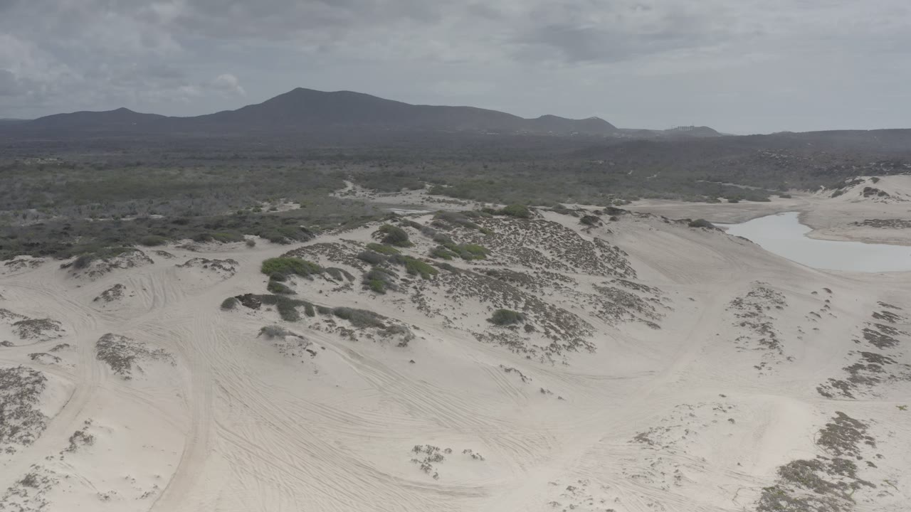 Wide Los Cabos aerial frame showing rippled sand, low scrub on dune ridges, a light pond near the right edge, distant mountains, and no visible people.