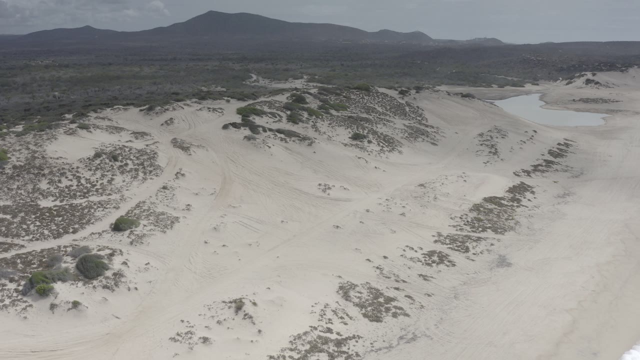 Aerial view over a Los Cabos beach with pale sand dunes, scattered scrub, a sliver of surf at the lower right, distant hills, and no visible people.
