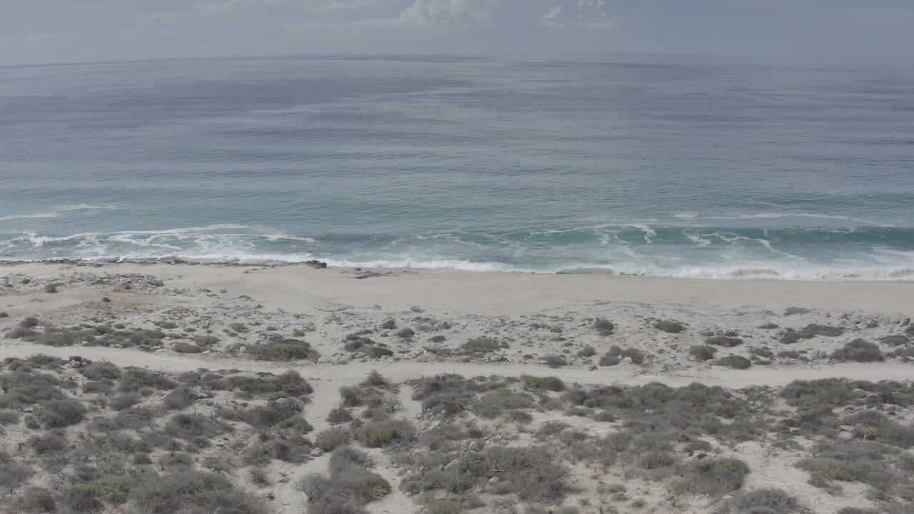 Aerial shoreline view in Los Cabos, Mexico, with white wave lines reaching the beach and low scrub dunes below, no visible people.