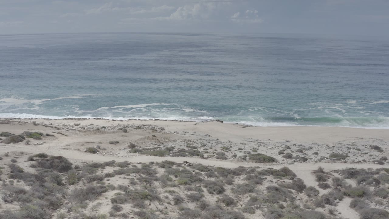Aerial view over the Los Cabos shoreline with scrub-covered dunes in front, a pale beach and white surf below, blue-gray ocean to the horizon, and no visible people.