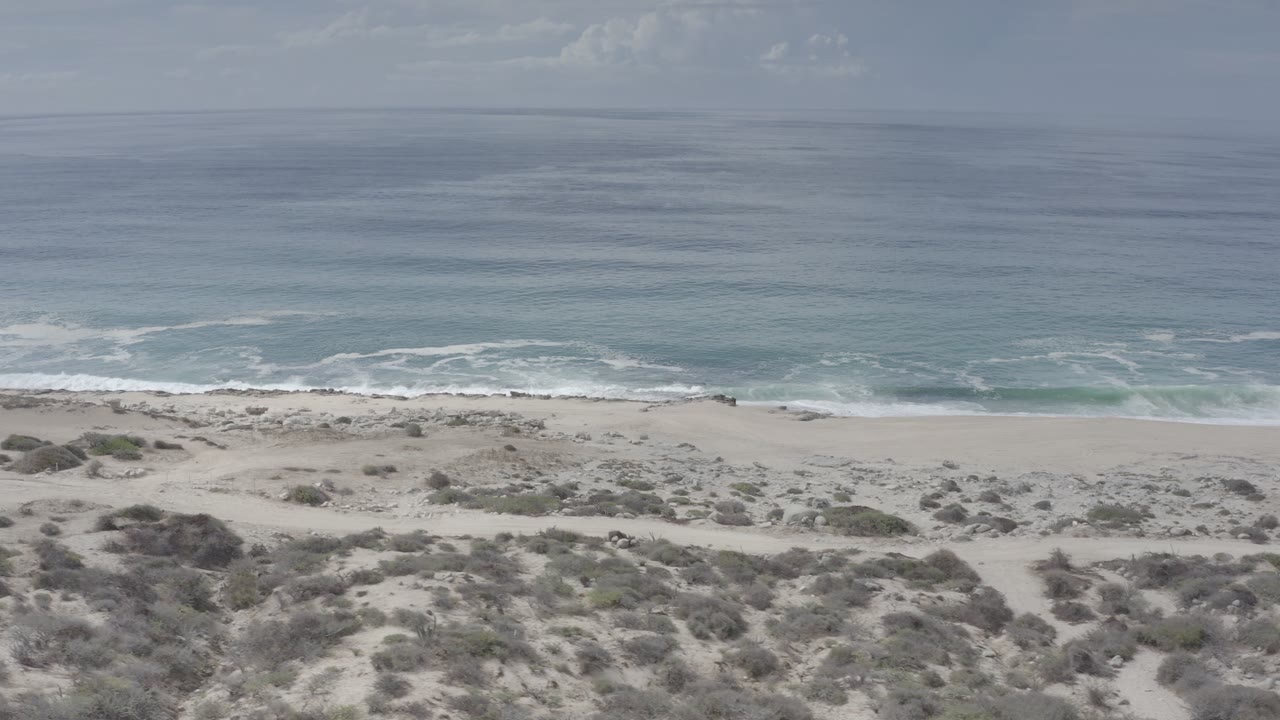 Wide aerial frame of the Los Cabos coast, showing low dune vegetation across the foreground, a thin sand strip, broken surf bands, calm blue-gray water, and no visible people.