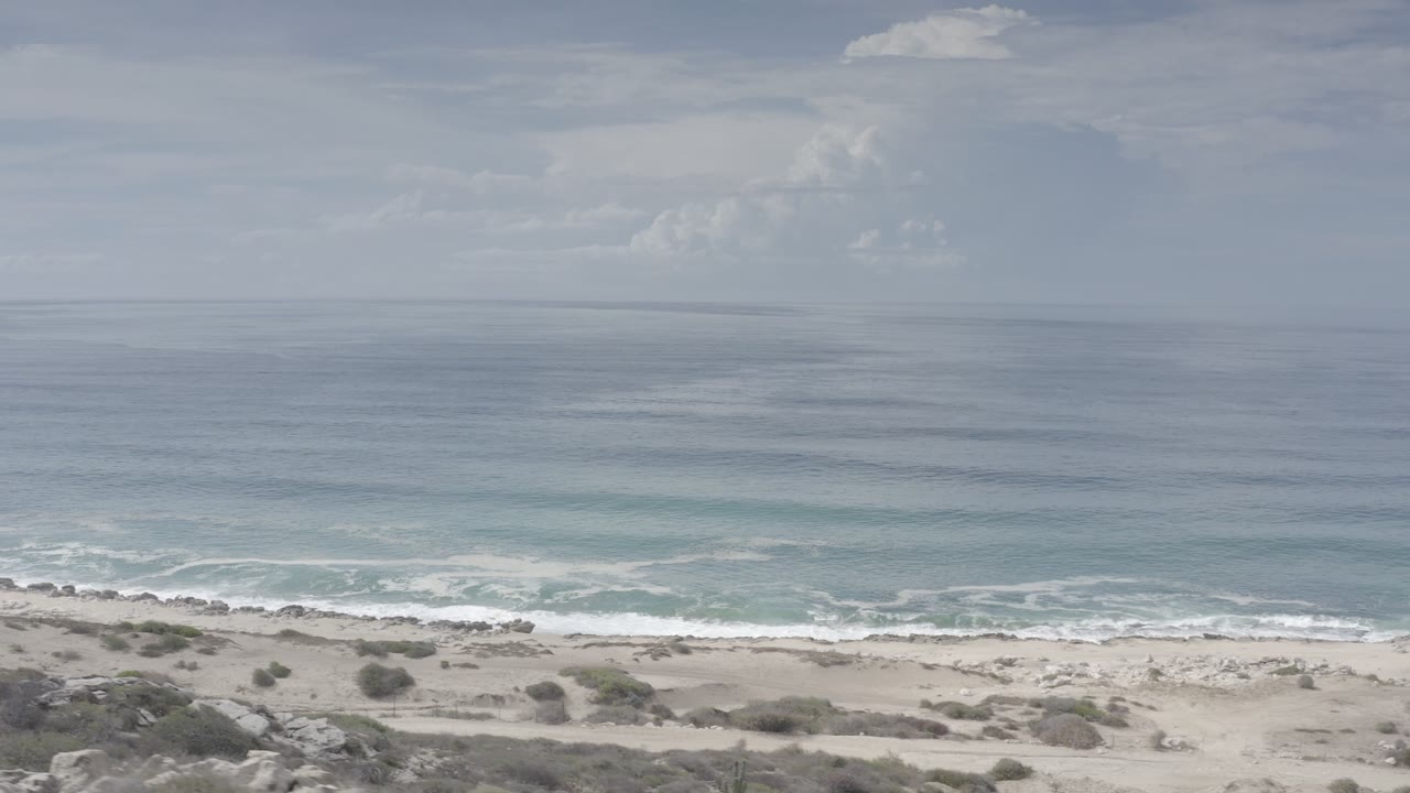 Calm ocean and low surf line viewed above a sandy shoreline with brush.