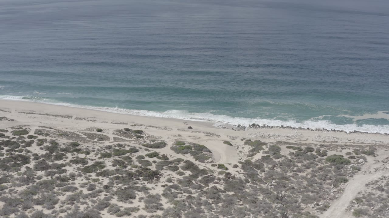 Los Cabos shoreline frame with blue-green water, a narrow band of breaking foam, pale sand, darker dune vegetation, and no visible people.