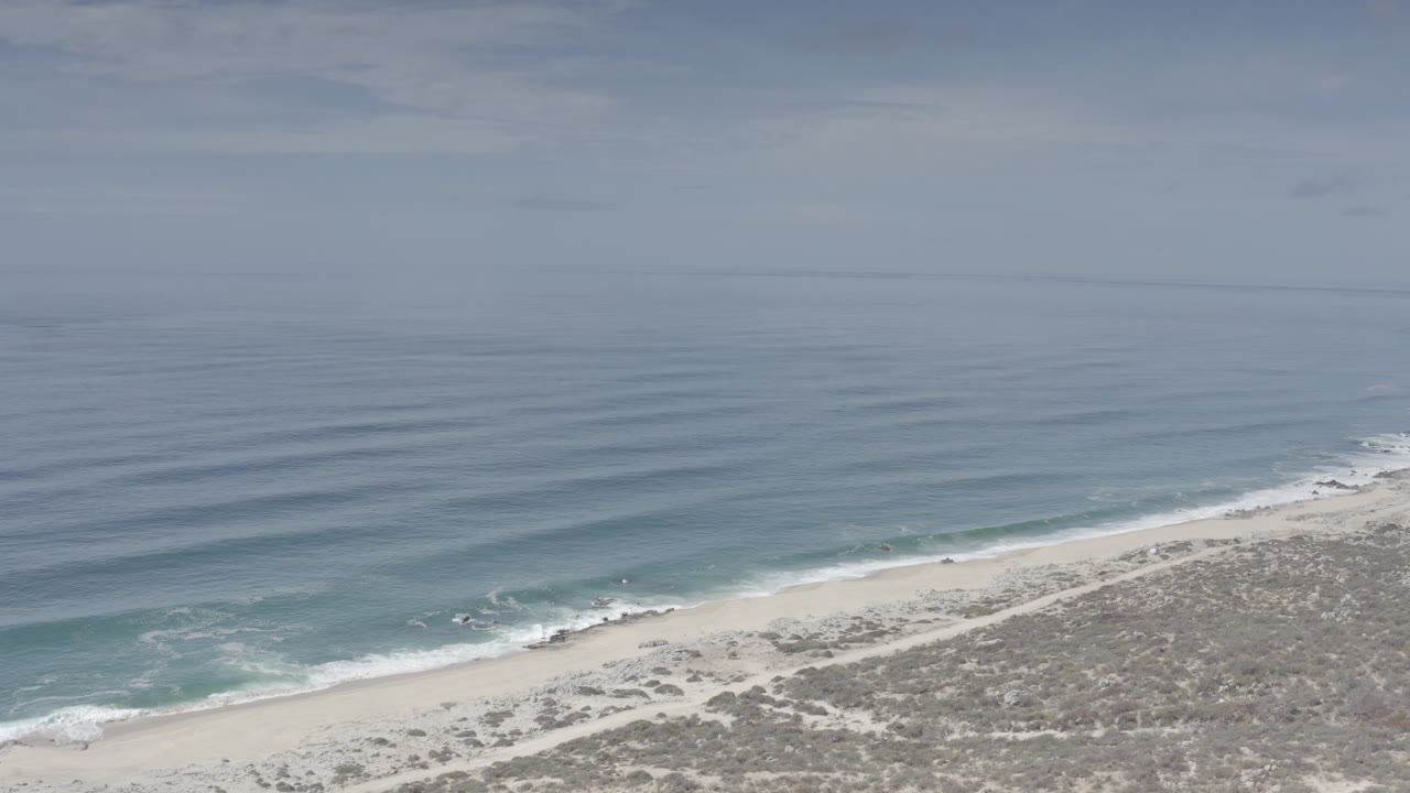 High aerial frame in Los Cabos showing parallel ocean swell lines approaching a pale beach with scrub-covered dunes and no visible people.