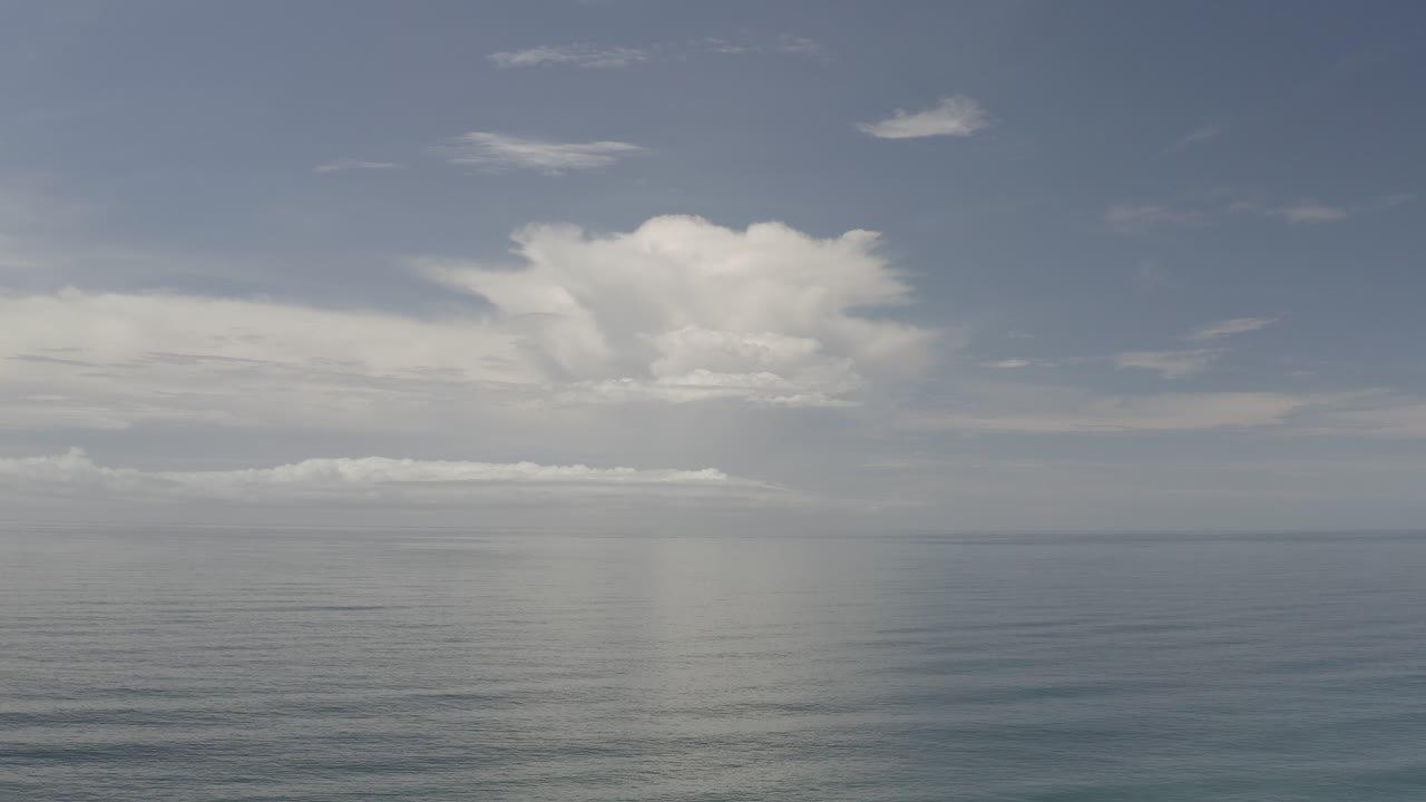 Calm ocean horizon with layered clouds and water reflection