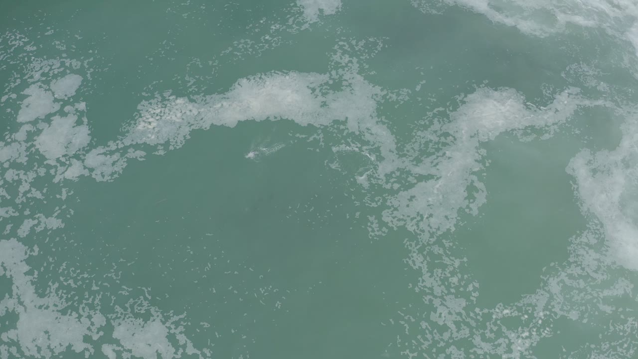 Overhead view of turquoise ocean water in Los Cabos, Mexico, with scattered white sea foam crossing the frame and no visible people.