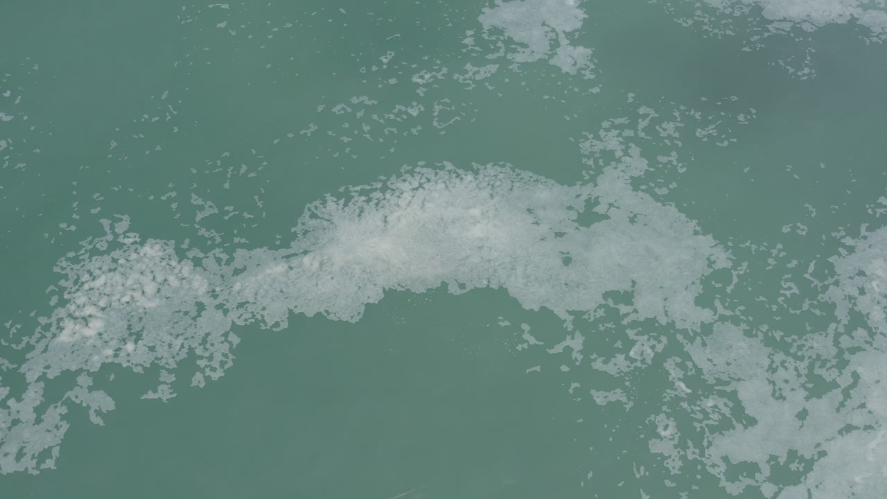 Patchy white foam over cloudy blue-green seawater.