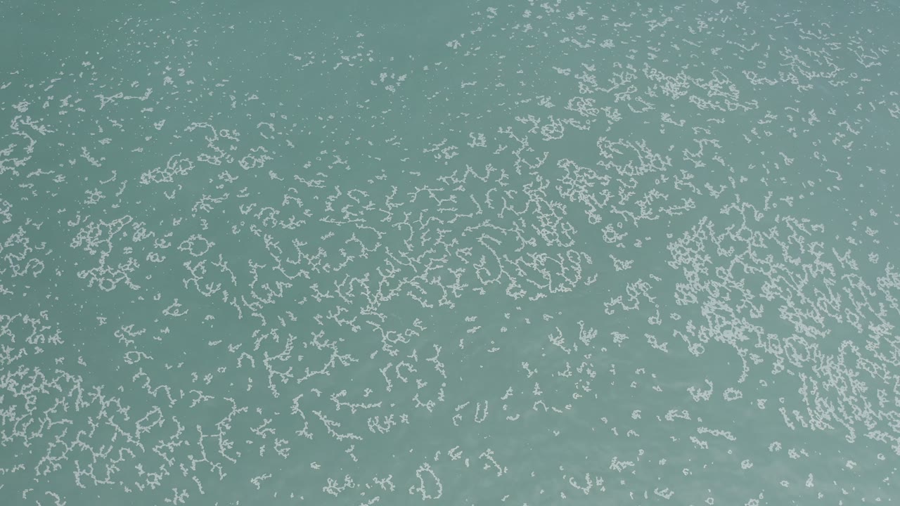 A later high-angle frame shows green ocean water in Los Cabos, Mexico, with white foam clusters spread more densely through the center and no visible people.