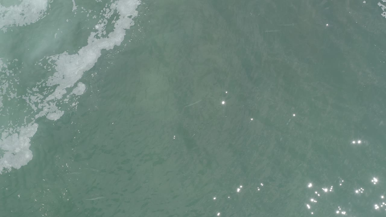 Overhead pale green seawater with foam and sun glints.