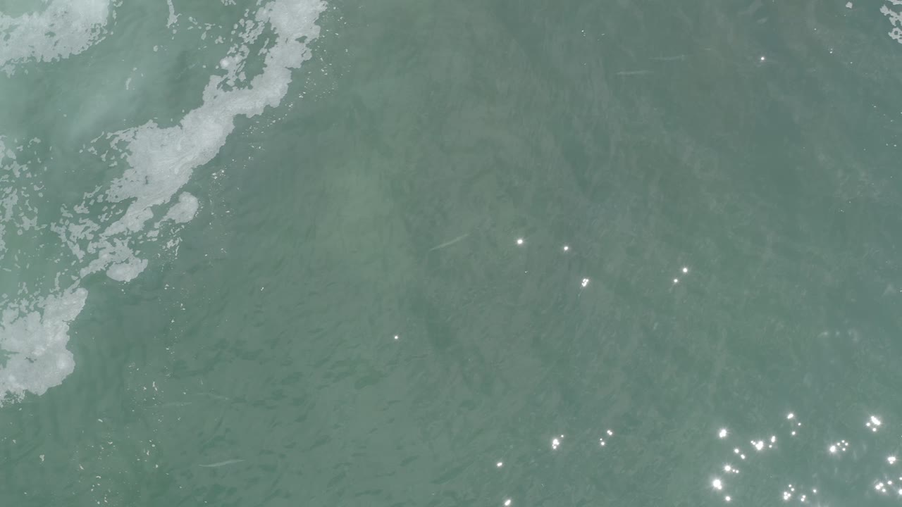 Top-down Los Cabos seawater with a diagonal white foam streak near the upper center and a few bright sun reflections across the rippled surface, no visible people.