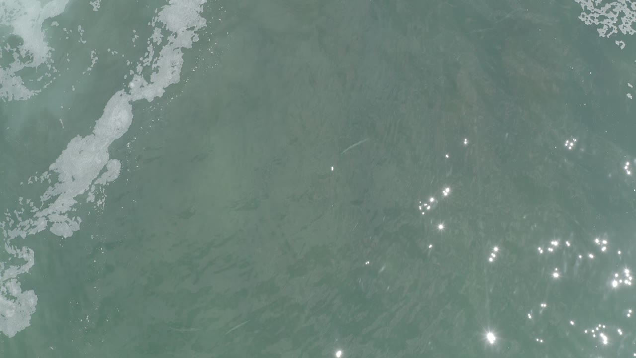 Overhead view of turquoise seawater in Los Cabos with a vertical band of white foam near the left edge, scattered sun glints across the center, and no visible people.