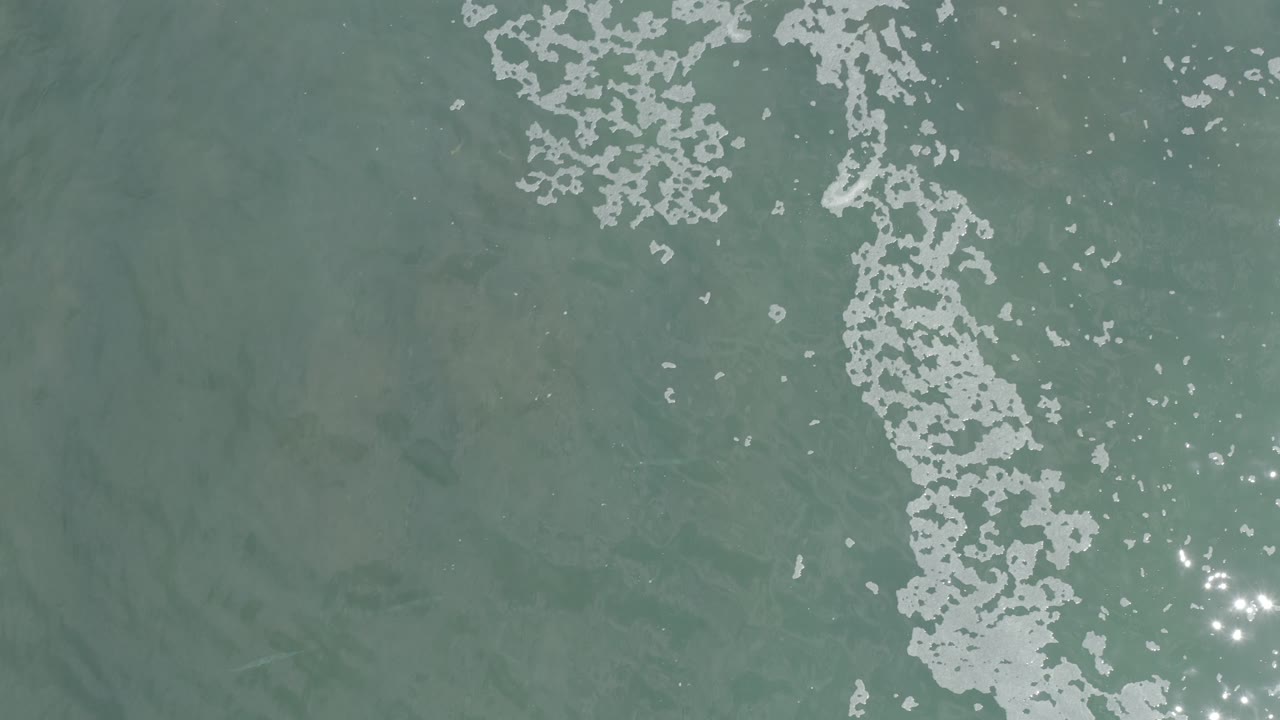 Overhead view of green-blue ocean water in Los Cabos, Mexico, with pale foam clusters near the upper and right edges and no visible people.
