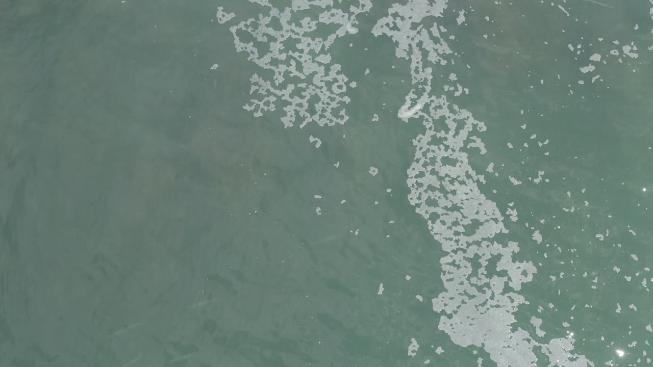 Top-down ocean water with foam entering from the right and bright glare points.